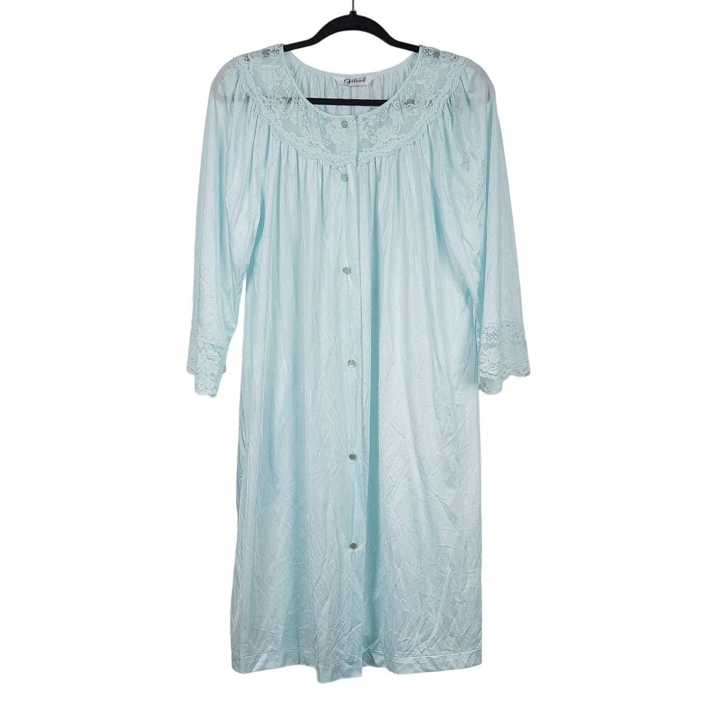 Gilead VTG Nylon Robe S Lace Blue Buttons Long Sleeve 50s 60s Pockets USA